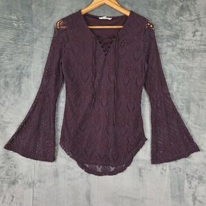 Womens Top Medium Purple Floral Lace‎ Up Boho Whimsigoth Goth Vamp Dark Romantic